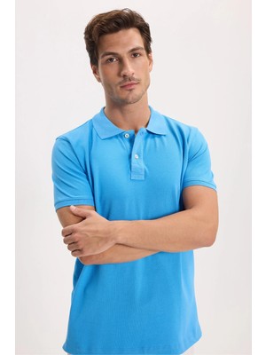 Tudors Erkek Slim Fit Dar Kesim Premium Seri %100 Pamuk Yumuşak Dokulu Merserize Mavi Polo Yaka Tişört