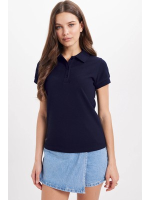 Tudors Kadın Slim Fit Dar Kesim %100 Pamuk Polo Yaka Lacivert Pike Tişört