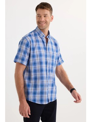 Tudors Erkek Regular Fit Klasik Kesim Oversize %100 Pamuk Keten Doku Cepli Kareli Kısa Kollu Gömlek