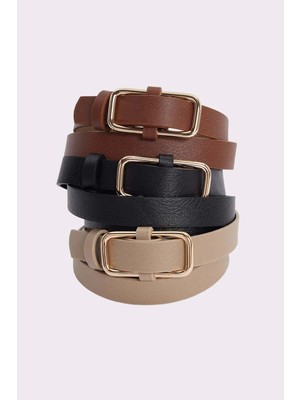 Tudors Kadın Gold Tokalı 2 cm 3'lü Set Siyah-Bej-Kahverengi Kemer