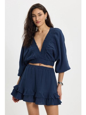 Tudors Kadın Oversize Geniş Kesim %100 Pamuk Kruvaze Yaka Crop Fırfırlı Lacivert Şort Etek Takım