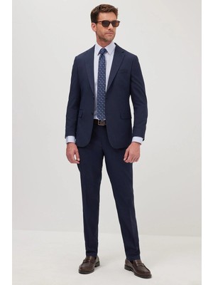 Tudors Erkek Slim Fit Mono Yaka Likralı Esnek Kumaş Lacivert Takım Elbise