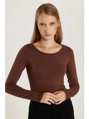 Tudors Kadın Slim Fit Dar Kesim Uzun Kollu Viskon Kahverengi Bluz
