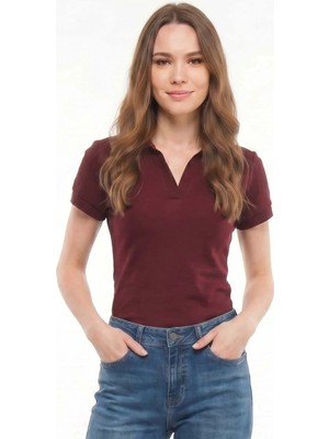 Tudors Kadın Slim Fit Dar Kesim Pamuklu Kısa Kollu Bordo Polo Yaka Tişört