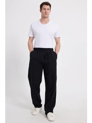 Tudors Erkek Baggy Fit Geniş Kesim %100 Pamuk Beli Lastikli Yandan Cepli Müslin Siyah Düz Pantolon