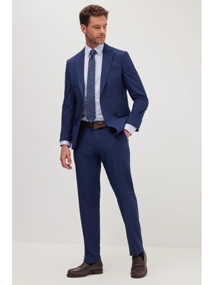 Tudors Erkek Slim Fit Mono Yaka Likralı Esnek Kumaş Koyu Lacivert Takım Elbise