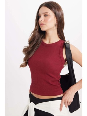 Tudors Kadın Slim Fit Dar Kesim Pamuklu Askılı Bisiklet Yaka Bordo Crop Atlet