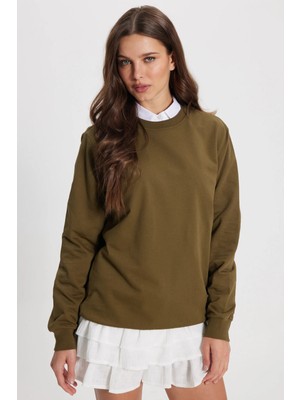 Tudors Kadın Oversize Geniş Kesim %100 Pamuk 2 İplik Bisiklet Yaka Haki Sweatshirt