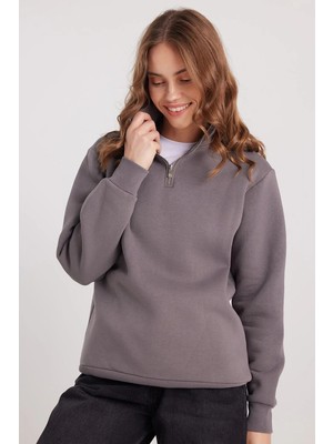 Tudors Kadın Relax Fit Rahat Kesim Pamuklu İçi Polarlı Yarım Fermuarlı Gri Dik Yaka Sweatshirt