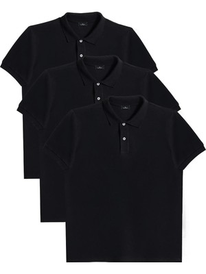 Tudors Erkek 3'lü Paket Siyah Slim Fit Dar Kesim Pamuklu Düz Pike Polo Yaka Tişört