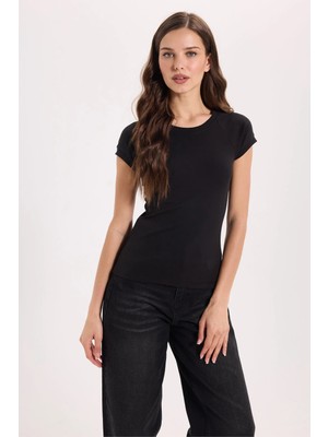 Tudors Kadın Slim Fit Dar Kesim Bisiklet Yaka Reglan Kol %100 Pamuk Siyah Tişört Bluz
