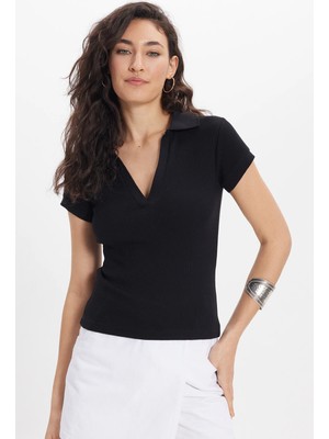 Tudors Kadın Slim Fit Dar Kesim Pamuklu Kısa Kollu Siyah Polo Yaka Tişört