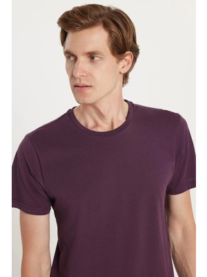 Tudors Unisex Slim Fit Dar Kesim %100 Pamuk Yumuşak Dokulu Mor Bisiklet Yaka Tişört