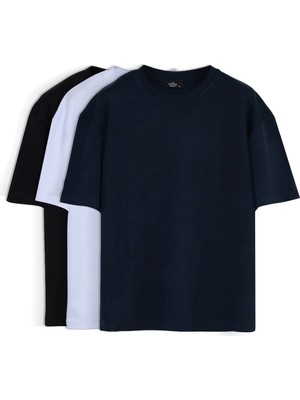 Tudors Unisex 3'lü Paket Lacivert-Beyaz-Siyah Oversize Geniş Kesim %100 Pamuk Basic Bisiklet Yaka Tişört