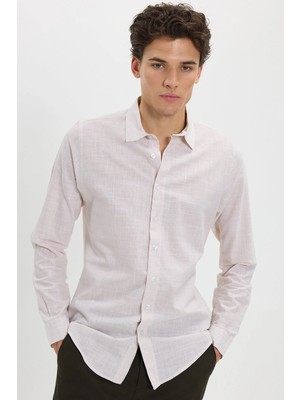 Tudors Erkek Slim Fit Dar Kesim %100 Pamuk Çizgili Uzun Kollu Keten Efektli Bej Gömlek