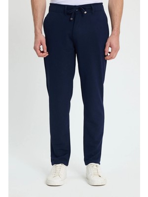 Tudors Erkek Slim Fit Dar Kesim Beli Lastikli Bağcık Detaylı Lacivert Pantolon