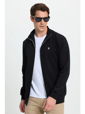 Tudors Erkek Slim Fit Dar Kesim Pamuklu Tam Fermuarlı Çift Cepli Dik Yaka Siyah Sweatshirt Hırka