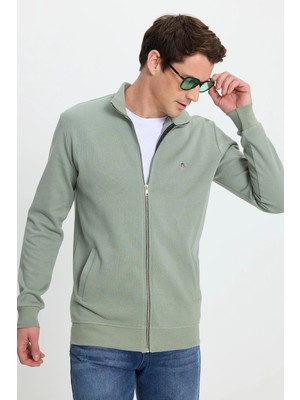 Tudors Erkek Slim Fit Dar Kesim Pamuklu Tam Fermuarlı Çift Cepli Dik Yaka Yeşil Sweatshirt Hırka