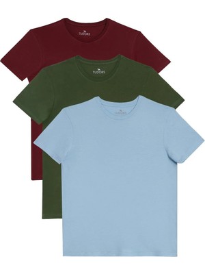 Tudors Unisex 3'lü Paket Yeşil-Bordo-Mavi Slim Fit Dar Kesim %100 Pamuk Bisiklet Yaka Tişört
