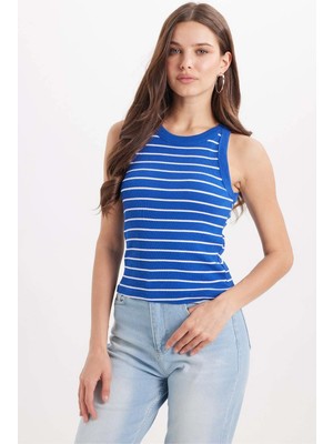 Tudors Kadın Slim Fit Dar Kesim Pamuklu Askılı Bisiklet Yaka Çizgili Saks Mavi Crop Atlet