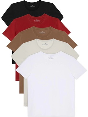 Tudors Unisex 5li Pkt Siyah-Beyaz-Taş-Kahvereng-Kiremit Slim Fit Dar Kesim %100 Pamuk Bisiklet Yaka Tişört