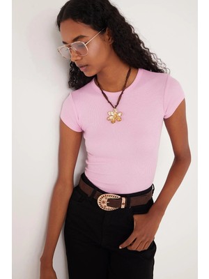 Tudors Kadın Slim Fit Dar Kesim Bisiklet Yaka Modal Kumaş Pembe Bluz