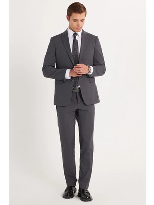 Tudors Erkek Slim Fit Mono Yaka Likralı Esnek Kumaş Füme Takım Elbise