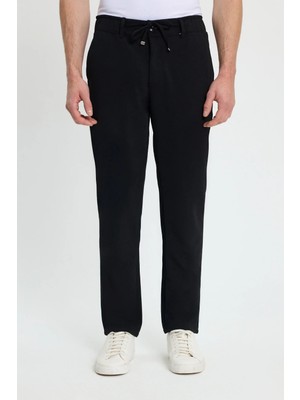 Tudors Erkek Slim Fit Dar Kesim Beli Lastikli Bağcık Detaylı Siyah Pantolon