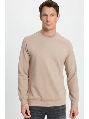Tudors Erkek Relax Fit Rahat Kesim Uzun Kollu Ekstra Soft Modal Kumaş Bisiklet Yaka Vizon Sweatshirt