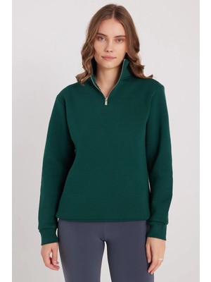 Tudors Kadın Relax Fit Rahat Kesim Pamuklu İçi Polarlı Yarım Fermuarlı Haki Dik Yaka Sweatshirt