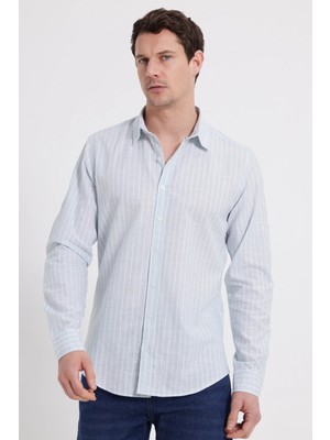 Tudors Erkek Slim Fit Dar Kesim Uzun Kollu %100 Pamuk Keten Doku Çizgili Gömlek