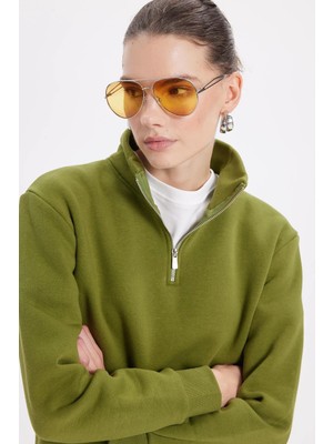 Tudors Kadın Relax Fit Rahat Kesim Pamuklu Içi Polarlı Yarım Fermuarlı Haki Dik Yaka Sweatshirt