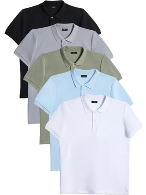 Tudors Erkek 5'li Paket Siyah-Gri-Haki-Mavi-Beyaz Slim Fit Dar Kesim Pamuklu Düz Pike Polo Yaka Tişört