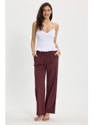 Tudors Kadın Relax Fit Rahat Kesim %100 Pamuk Beli Bağcıklı Lastikli Çift Cepli Mürdüm Pantolon