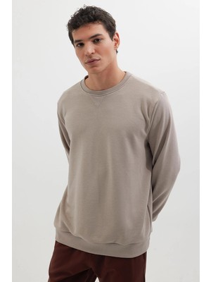 Tudors Unisex Relax Fit Rahat Kesim %100 Pamuk 3 İplik Basic Bej Bisiklet Yaka Sweatshirt