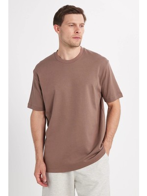 Tudors Unisex Relax Fit Rahat Kesim %100 Pamuk Yumuşak Dokulu Hafif Kalın Kahverengi Bisiklet Yaka Tişört