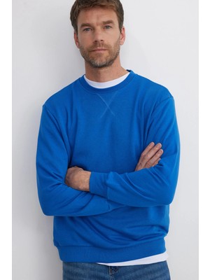 Tudors Unisex Relax Fit Rahat Kesim %100 Pamuk 3 İplik Basic Saks Mavi Bisiklet Yaka Sweatshirt