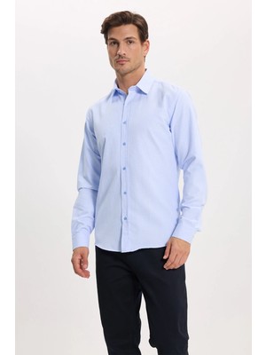 Tudors Modern Slim Fit Uzun Kollu Pamuklu Kolay Ütü Armürlü Mavi Erkek Gömlek