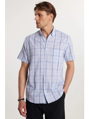 Tudors Erkek Regular Fit Klasik Kesim Oversize %100 Pamuk Keten Doku Tek Cepli Kareli Kısa Kollu Gömlek