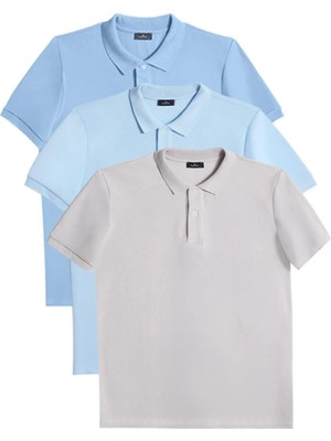 Tudors Erkek 3'lü Paket Koyu Mavi-Mavi-Gri Slim Fit Dar Kesim Pamuklu Düz Pike Polo Yaka Tişört