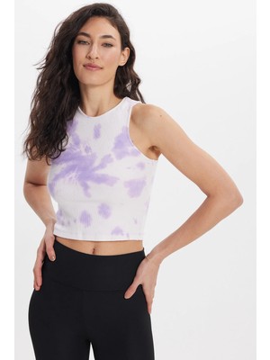 Tudors Kadın Slim Fit Dar Kesim %100 Pamuk Kolsuz Askılı Bisiklet Yaka Baskılı Lila Crop