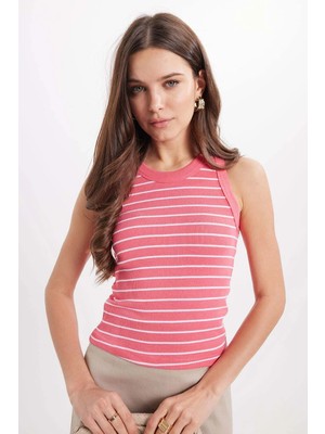 Tudors Kadın Slim Fit Dar Kesim Pamuklu Askılı Bisiklet Yaka Çizgili Pembe Crop Atlet