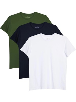 Tudors Unisex 3'lü Paket Lacivert-Beyaz-Haki Rengi Slim Fit Dar Kesim %100 Pamuk Bisiklet Yaka Tişört