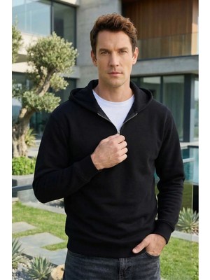 Tudors Unisex Relax Fit Rahat Kesim Pamuklu İçi Polarlı Yarım Fermuarlı Siyah Kapüşonlu Sweatshirt