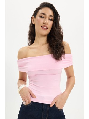 Tudors Kadın Slim Fit Dar Kesim Pamuklu Kayık Yaka Kısa Kollu Pembe Tişört Bluz