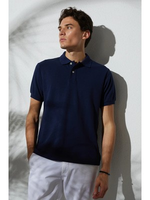 Tudors Erkek Slim Fit Dar Kesim Pamuklu Yumuşak Dokulu Serin Tutan Kumaş Düz Pike Lacivert Polo Yaka Tişört