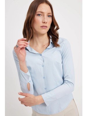 Tudors Kadın Slim Fit Dar Kesim Klasik Yaka Uzun Kollu Mavi Gömlek