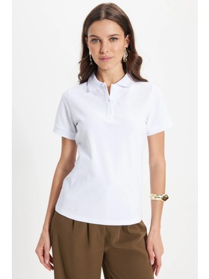 Tudors Kadın Slim Fit Dar Kesim %100 Pamuk Polo Yaka Beyaz Pike Tişört