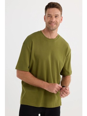 Unisex Oversize Geniş Kesim %100 Pamuk Yumuşak Dokulu Basic Bisiklet Yaka Haki Tişört