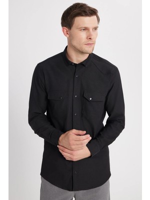 Tudors Erkek Regular Fit Rahat Kesim Çift Cepli Spor Yaka Denim Siyah Gömlek